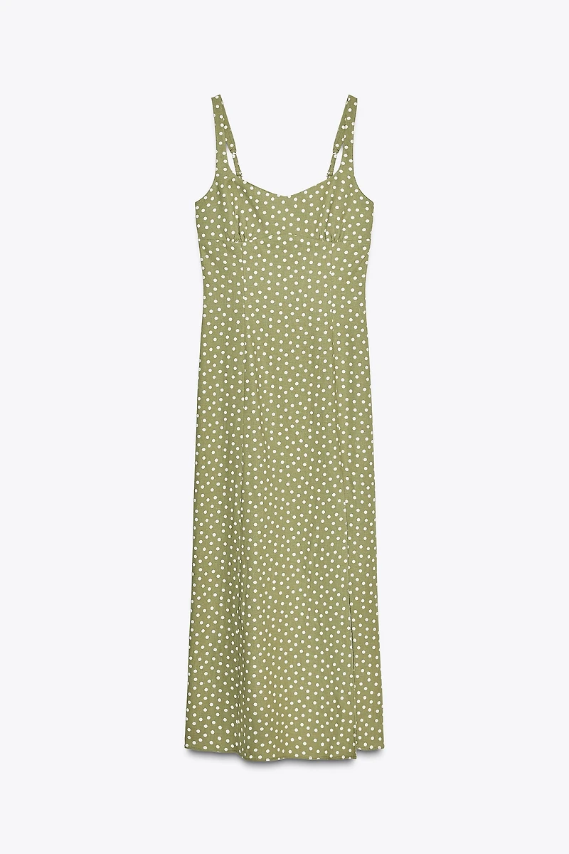 LINEN BLEND POLKA DOT MIDI DRESS