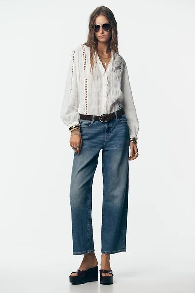 DOTTED MESH LACE TRIM BLOUSE