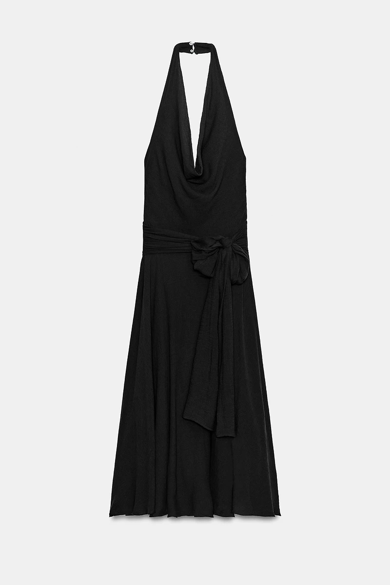 CHIFFON HALTER MIDI DRESS WITH TIE