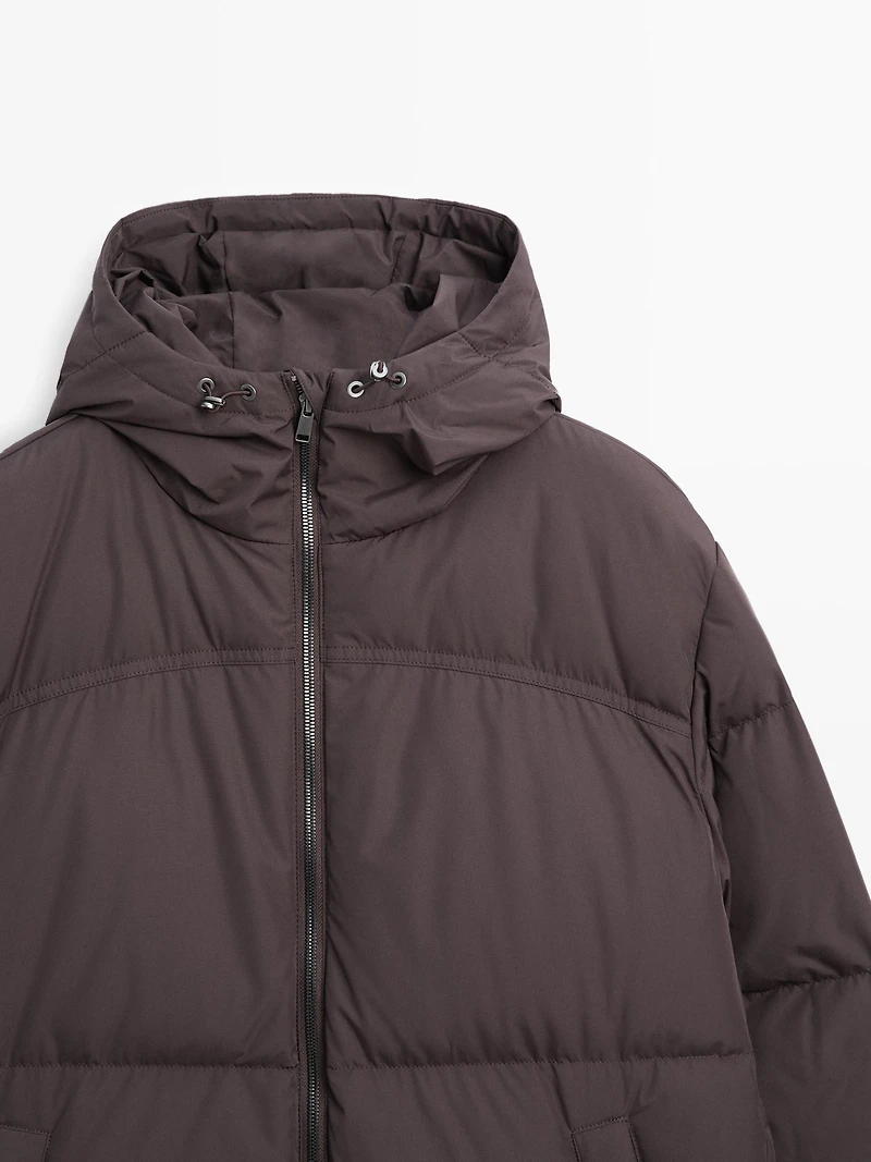 Long water-repellent hooded puffer jacket