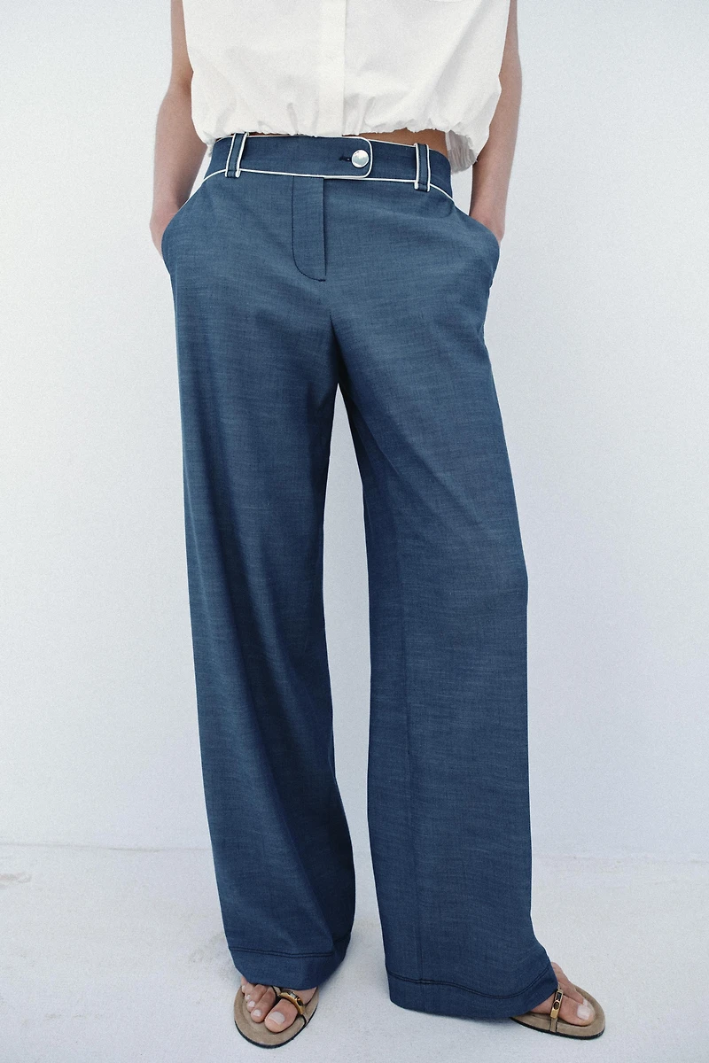 CONTRASTING PIPING WIDE LEG PANTS