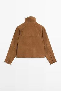 Blouson boutons fantaisie en cuir finition daim
