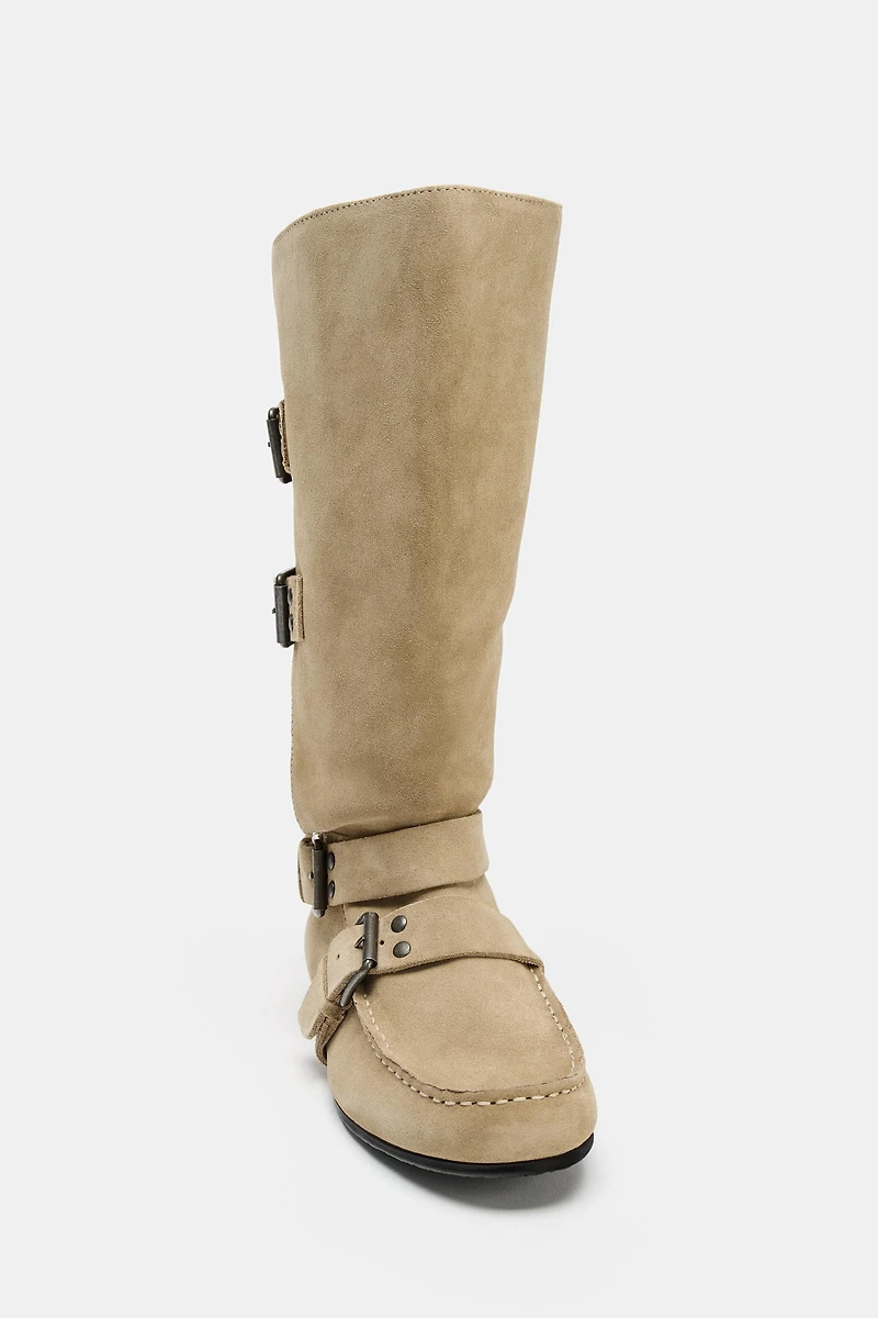 BUCKLED SPLIT LEATHER BOOTS