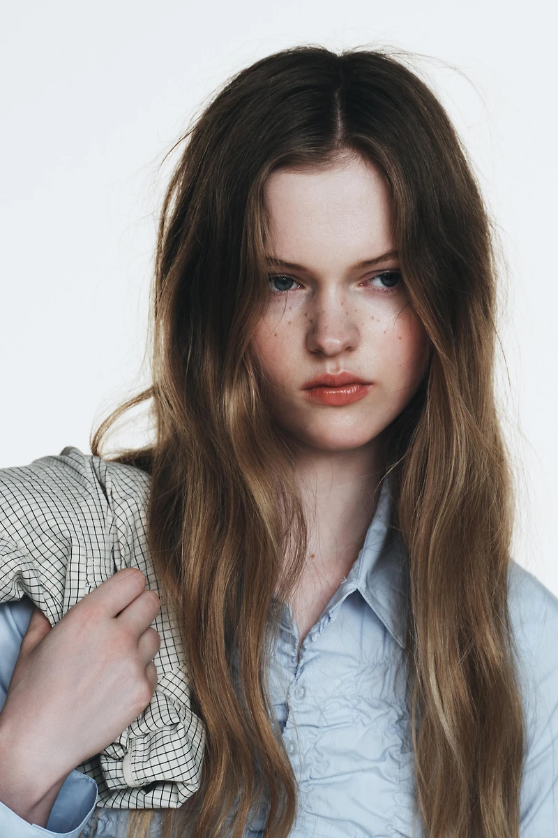 POPLIN SHIRT WITH ELASTICATED RUFFLES