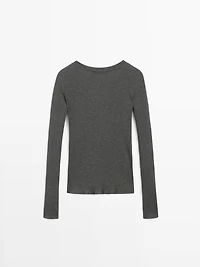 Ribbed V-neck T-shirt with long sleeves