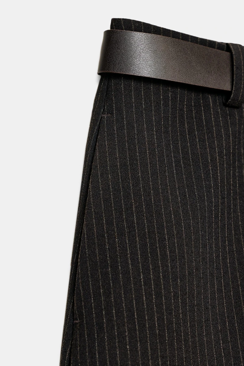 PINSTRIPE BELTED SPLIT SKIRT