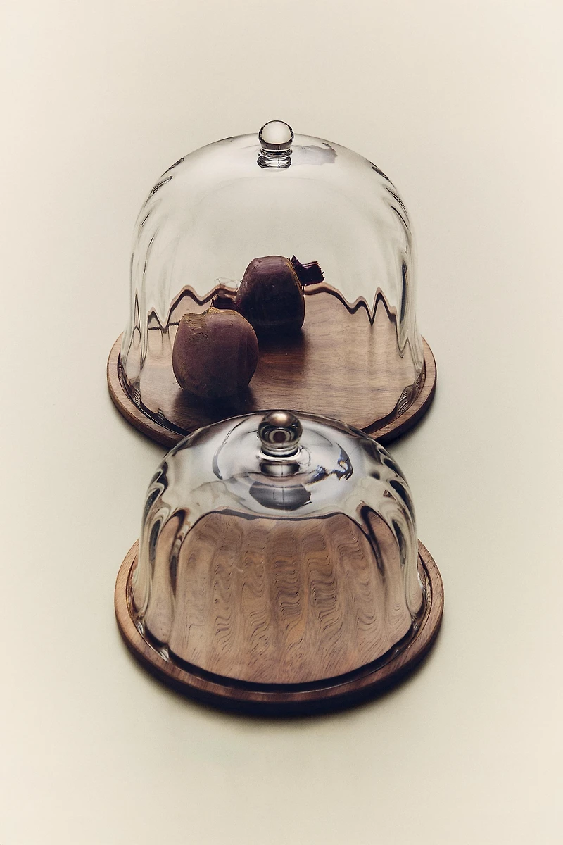 WOODEN CAKE STAND WITH GLASS DOME