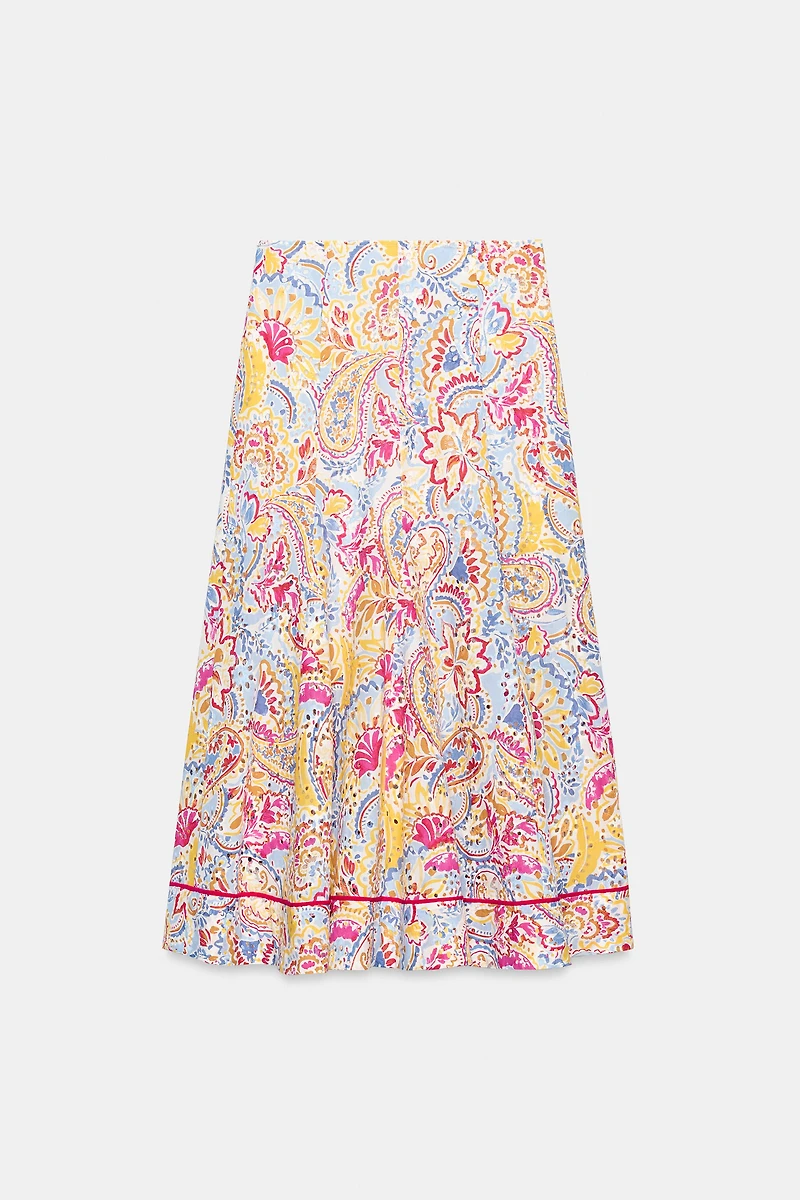 PRINTED EMBROIDERED EYELET MIDI SKIRT