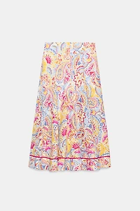 PRINTED EMBROIDERED EYELET MIDI SKIRT