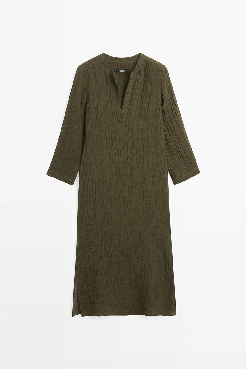 Linen blend waffle-knit shirt dress