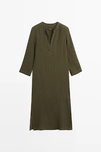 Linen blend waffle-knit shirt dress