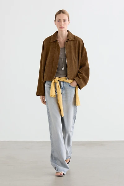 Short suede leather bomber jacket