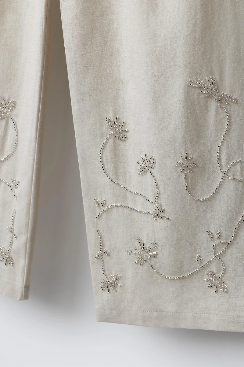 WIDE LEG BEADED PANTS WITH LINEN AND COTTON