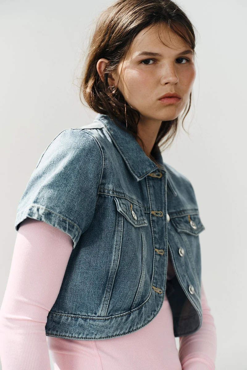 TRF ASYMMETRIC DENIM CROPPED SHIRT