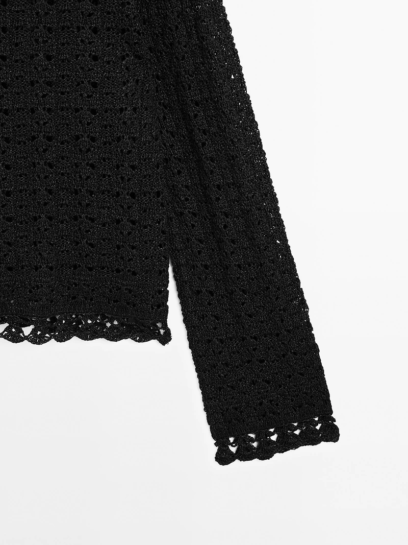 Cotton blend openwork crochet sweater
