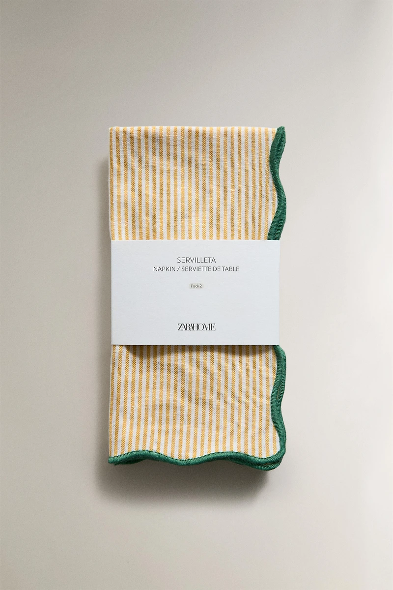 LOT DE 2 SERVIETTES DE TABLE RAYURES BORD ONDULÉ