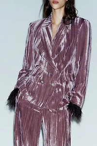 DOUBLE BREASTED VELVET BLAZER WITH FEATHERS