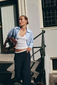 CHEMISE COURTE OXFORD RAYÉE AVEC PLIS À LA TAILLE