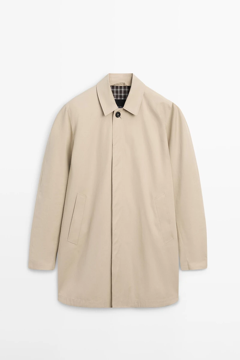 Check cotton trench coat with interior detail