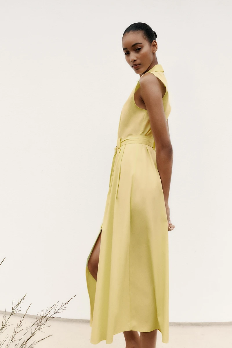 BELTED POPLIN MIDI DRESS