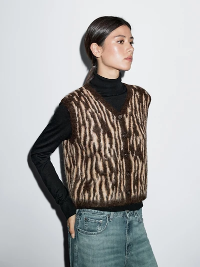 Animal print wool blend knit waistcoat