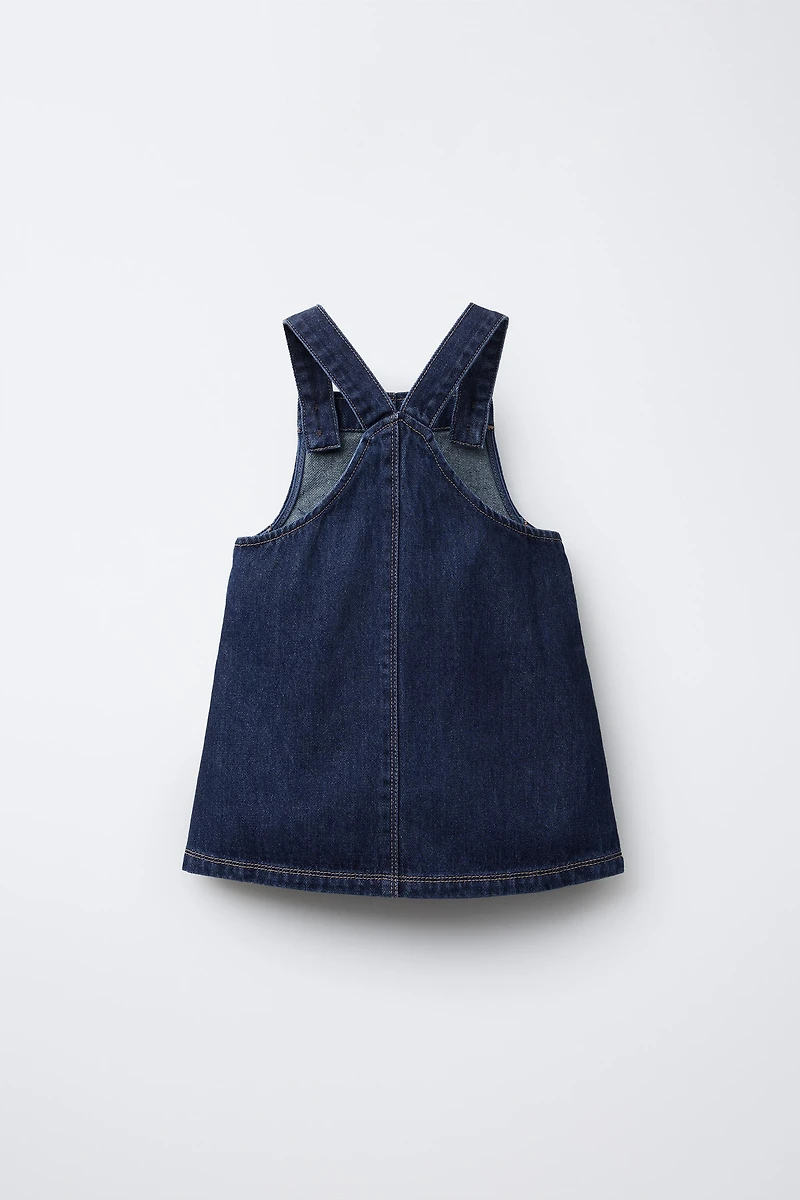 EMBROIDERED FLOWER DENIM OVERALL DRESS