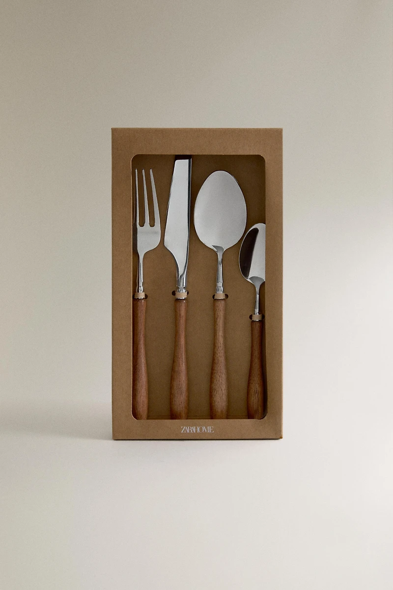 ACACIA WOOD HANDLE FLATWARE SET (SET OF 4)