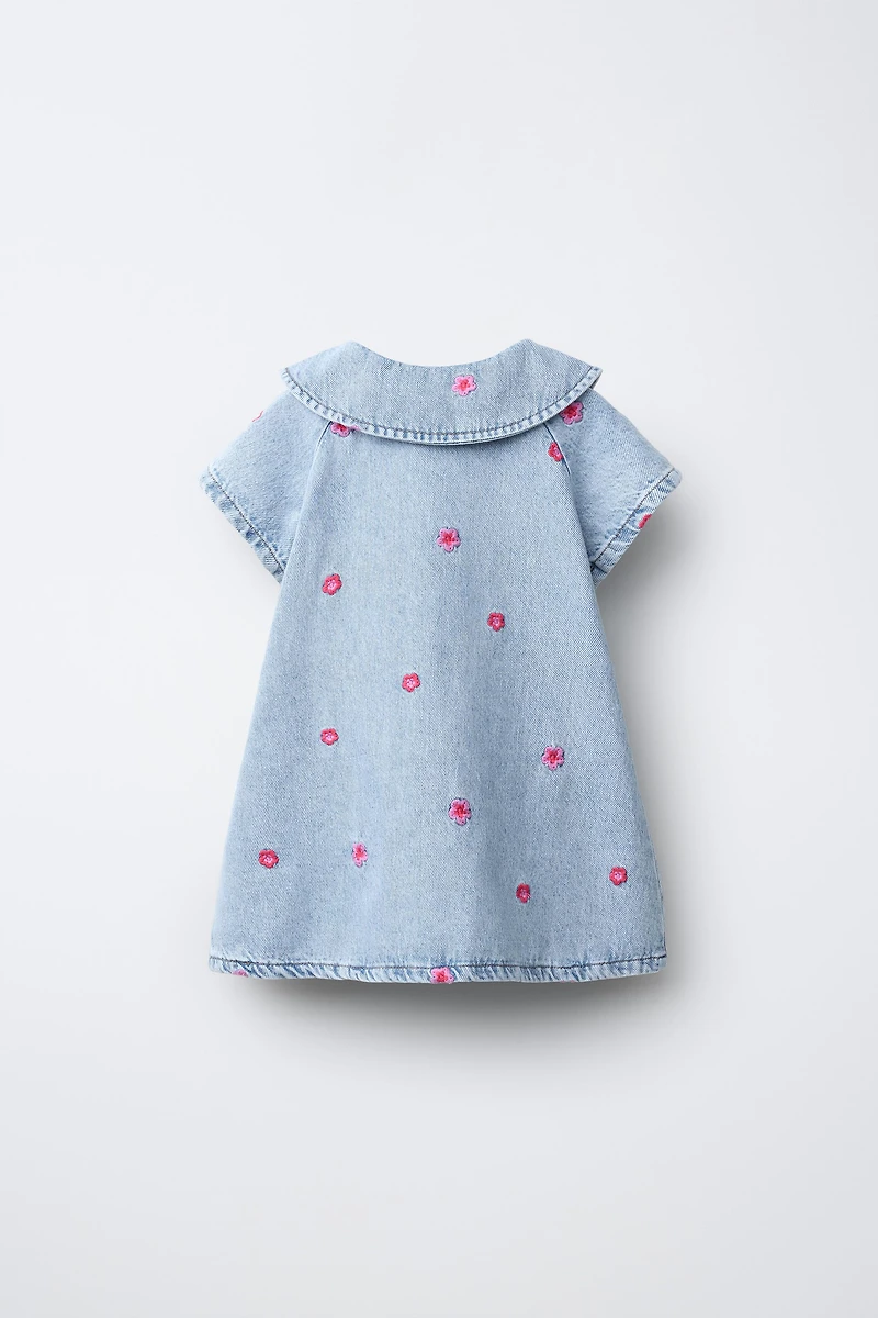 EMBROIDERED FLORAL DENIM DRESS