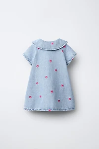 EMBROIDERED FLORAL DENIM DRESS