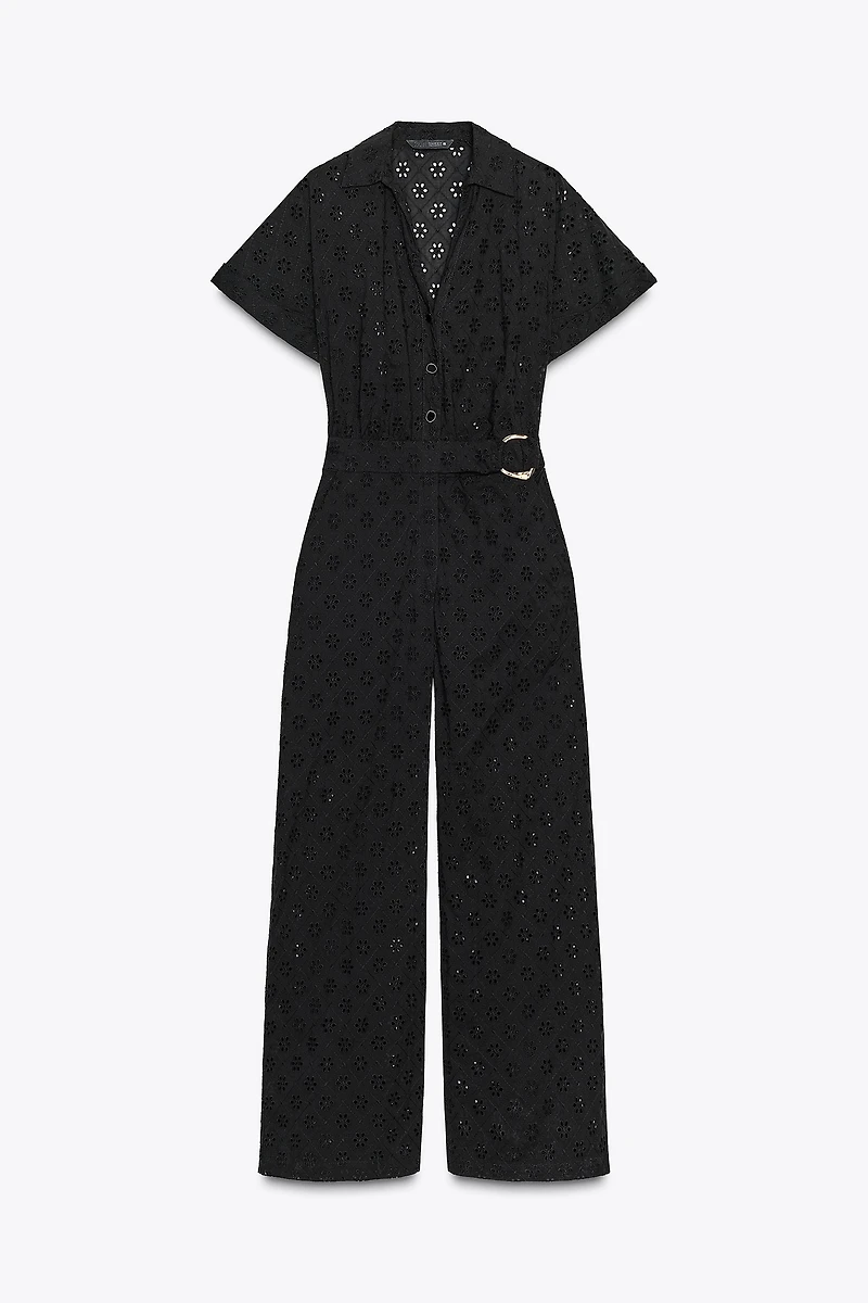 EMBROIDERED EYELET BUCKLE JUMPSUIT