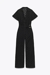 EMBROIDERED EYELET BUCKLE JUMPSUIT