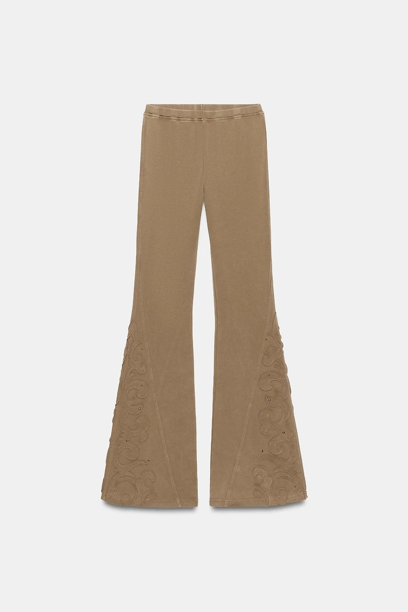 STUDDED WASHED EFFECT FLARE PANTS