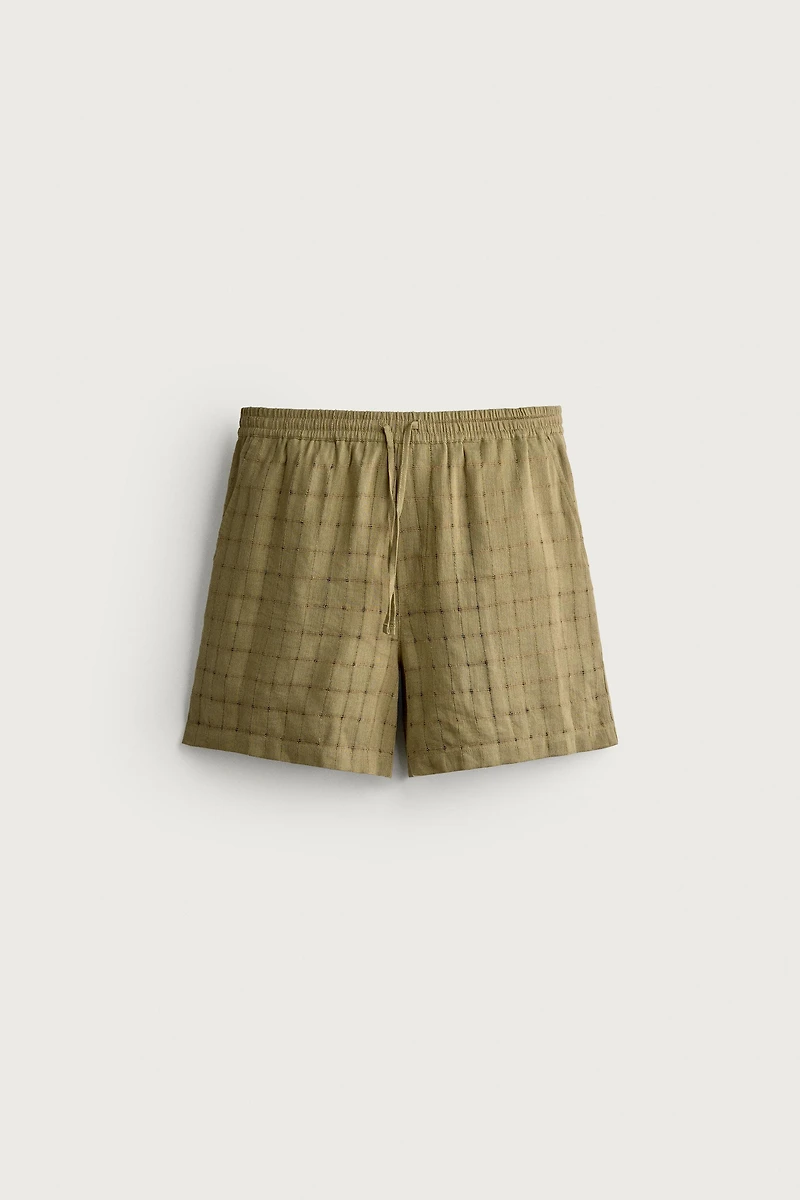 LINEN COTTON BLEND CHECKERED JACQUARD SHORTS