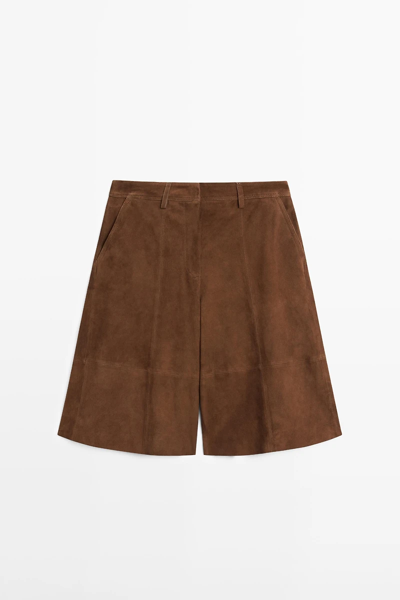 Long suede leather Bermuda shorts