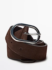 Nubuck leather belt with oval buckle