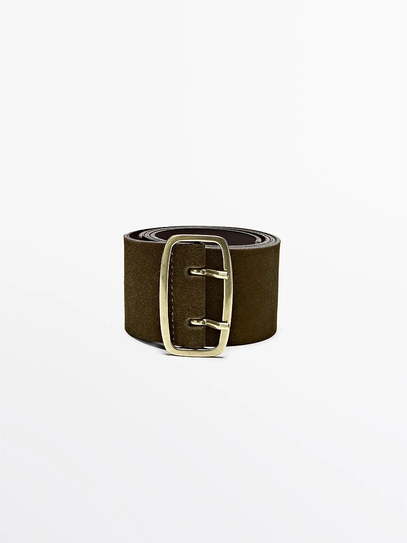 Split suede belt with rectangular buckle