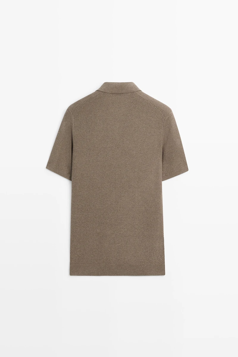 Cotton blend knit V-neck polo shirt