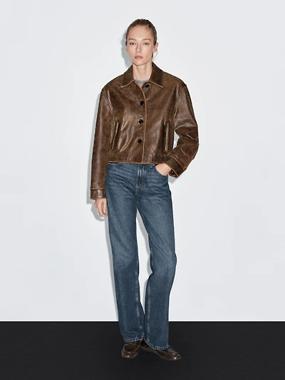 Distressed effect nappa leather cropped jacket