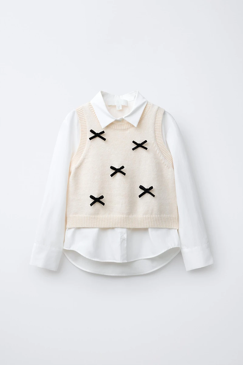 POPLIN SHIRT WITH KNIT VEST AND VELVET BOWS