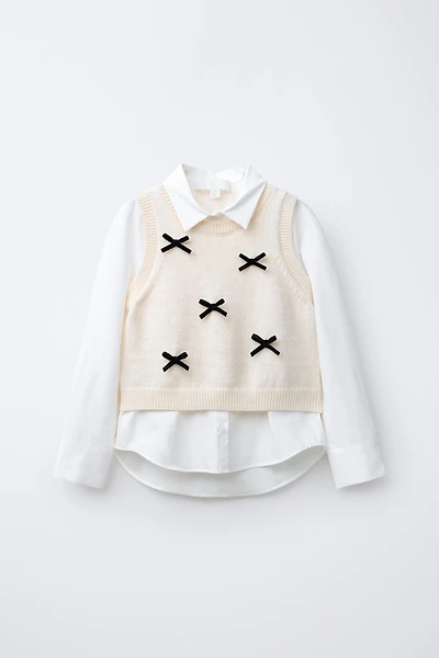 POPLIN SHIRT WITH KNIT VEST AND VELVET BOWS