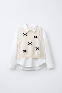 POPLIN SHIRT WITH KNIT VEST AND VELVET BOWS