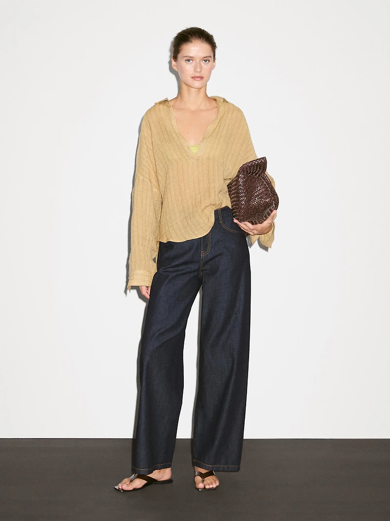 Linen blend open polo collar blouse