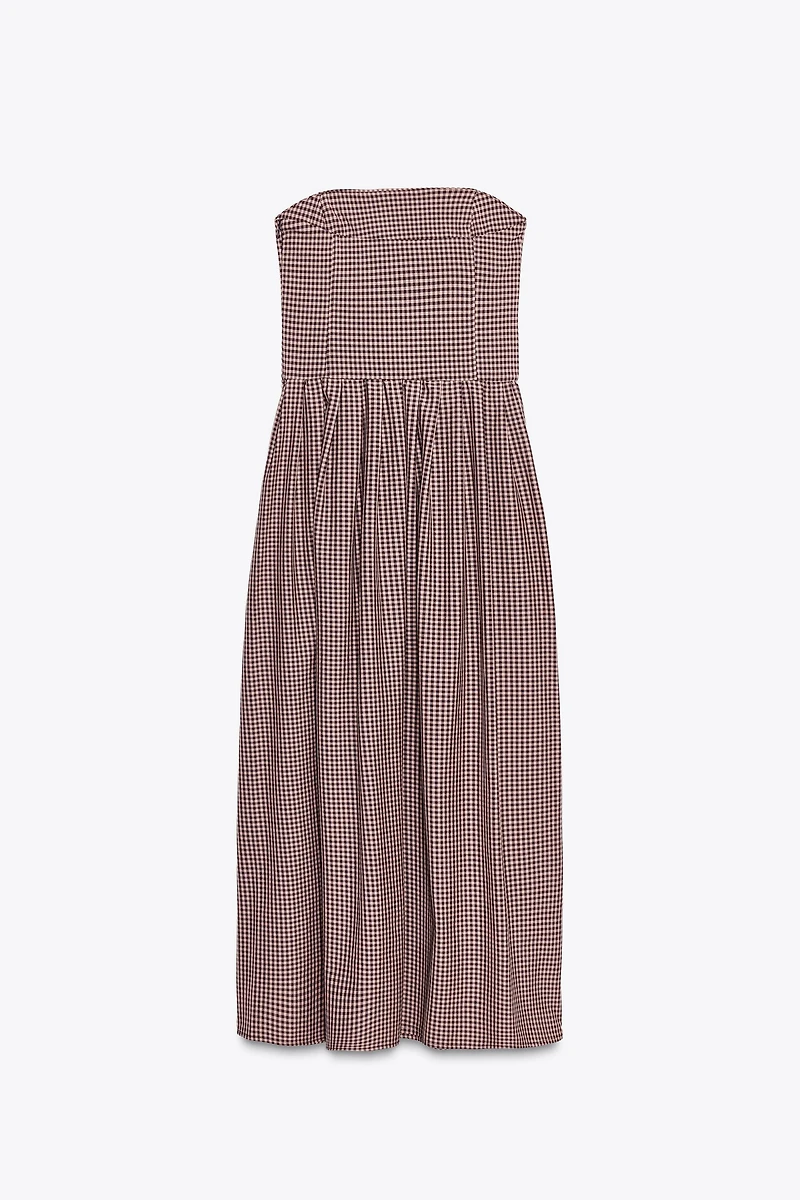 GINGHAM STRAPLESS MIDI DRESS