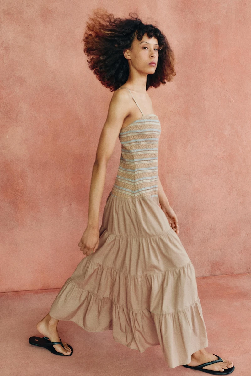 EMBROIDERED SMOCKED MIDI DRESS