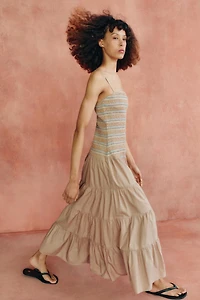 EMBROIDERED SMOCKED MIDI DRESS