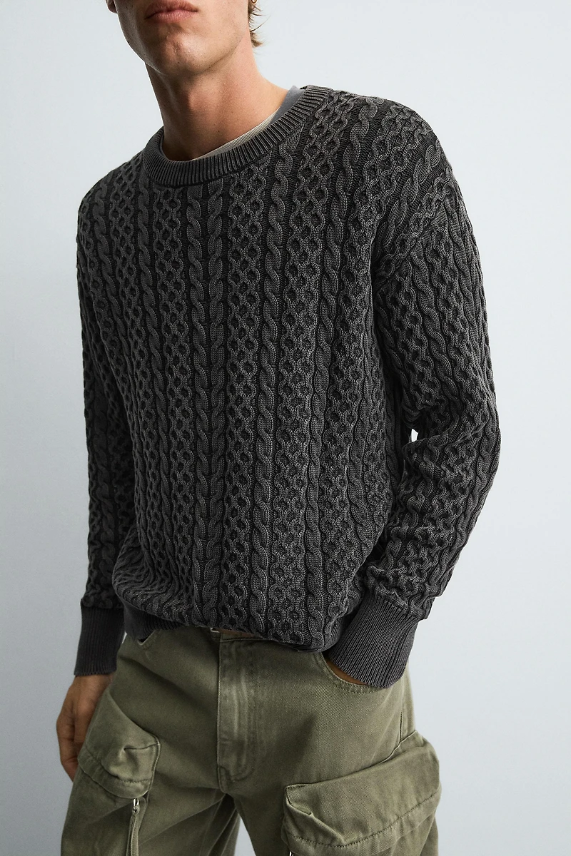 GARMENT-DYED CABLE KNIT SWEATER