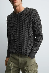 GARMENT-DYED CABLE KNIT SWEATER