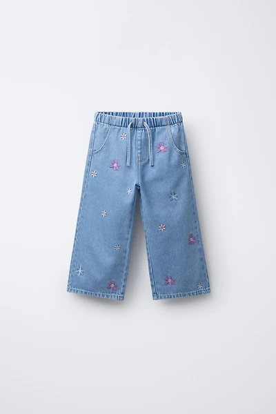 EMBROIDERED FLORAL WIDE LEG JEANS
