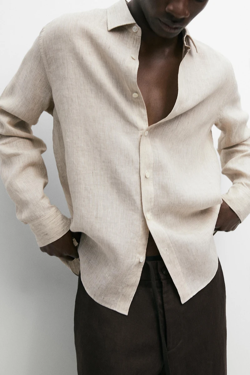 Regular fit washed striped 100% linen shirt
