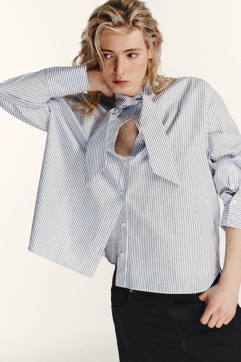 STRIPED POPLIN SHIRT WITH SCARF DETAIL